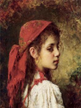 Alexei Alexeievich Harlamoff : Portrait of a Young Girl in a Red Kerchief
